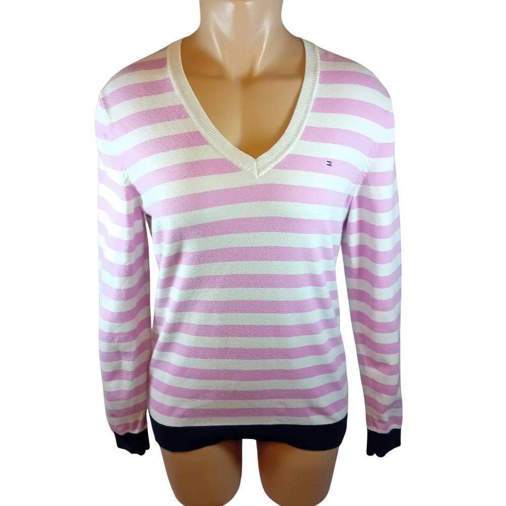 Modern Tommy Hilfiger V-Neck Sweater Womens Striped Pima Cotton Preppy L READ‎